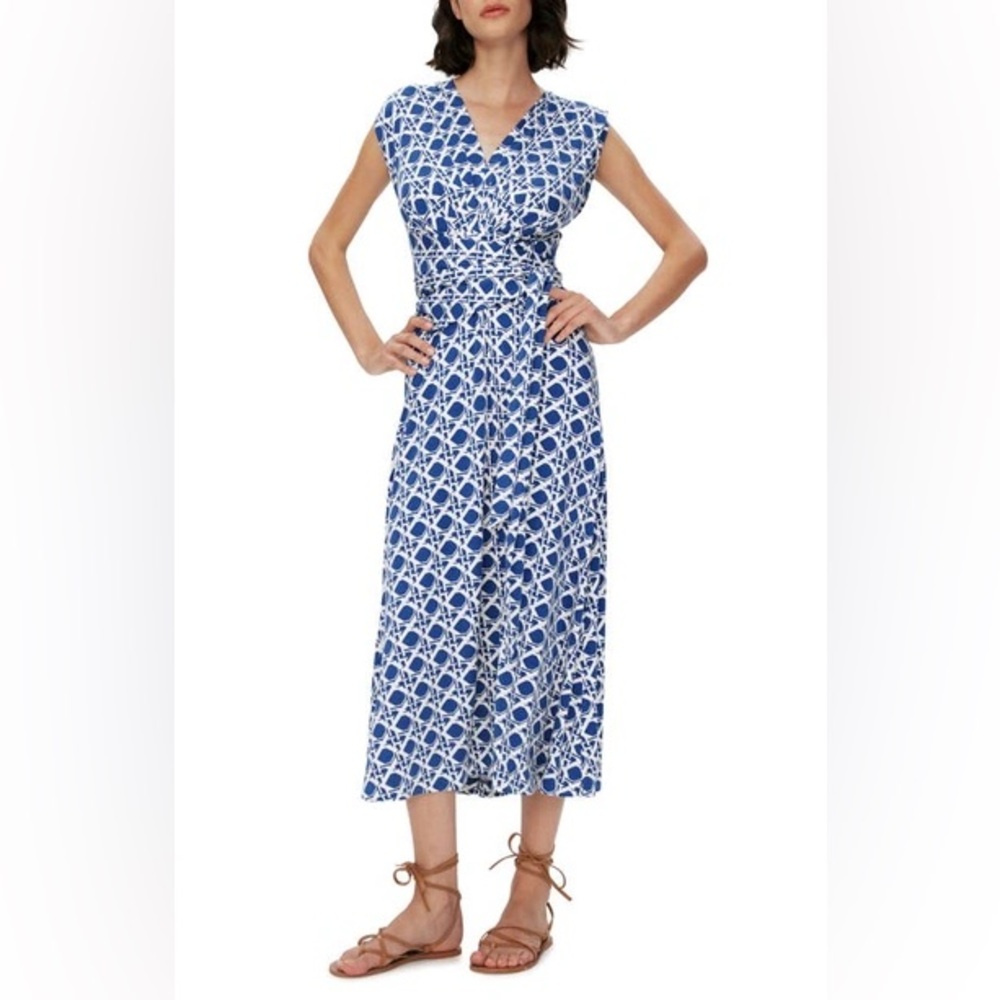 Diane Von Furstenberg Dorothee Faux Wrap Midi Dress Vintage Cane Midnight Blue
